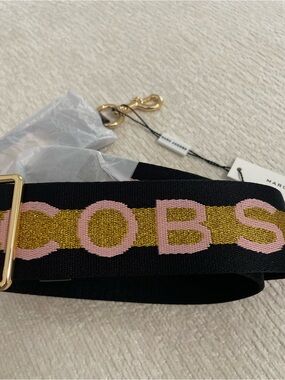 Marc Jacobs Black Webbing Strap with Gold Metallic Stripe and Light Pink Logo